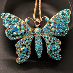 Beautiful BLUE Multi Size Crystal Rhinestone BUTTERFLY Gold Pendant Necklace